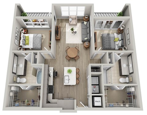 3d floor plan of a house with a bedroom and a living room
